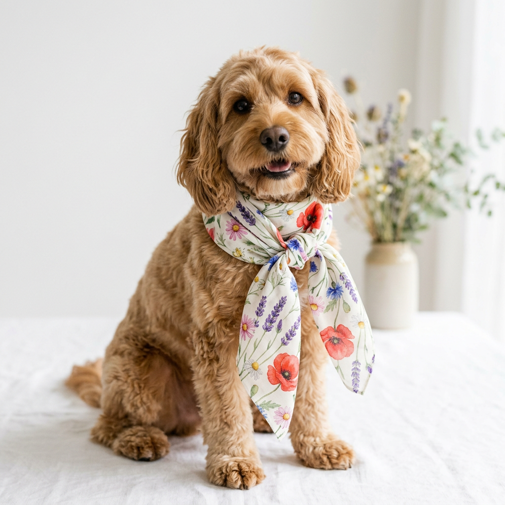 Dog with botanical scarf